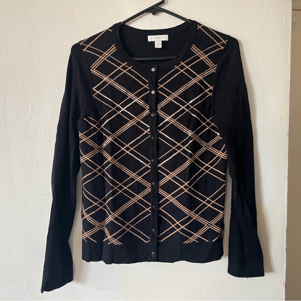 Charter Club Black Cardigan with Tan Plaid
